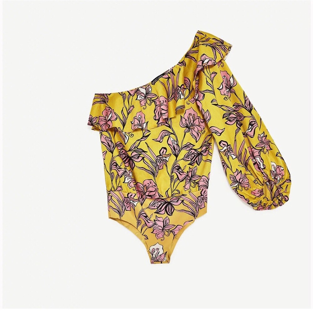 Zara Tropical Floral One Sleeved Bodysuit, Size Medium, EUC, Yellow & Pink.